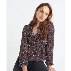 Madewell Ditsy Star Silk Red White Blue Black Wrap Blouse